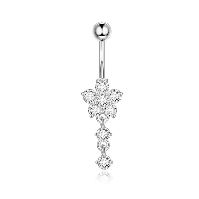 [bel31] White Plum Blossom Stainless Steel Geometric Piercing Navel Ring With Cubic Zirconia stones