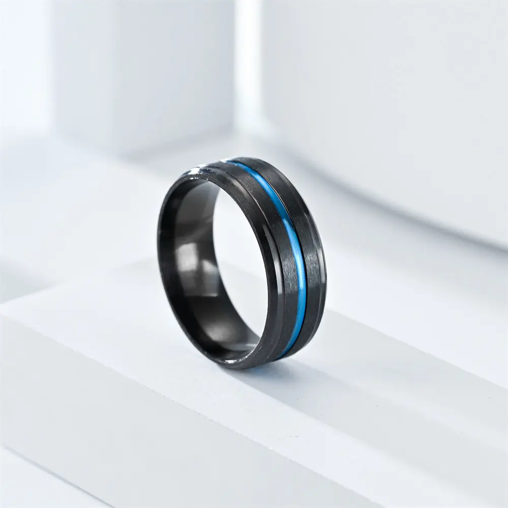 [ring139] 8mm Black Room Blue Stainless Steel Geometric Round Men's Ring - Size #10
