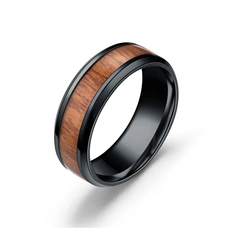 8mm Black Stainless Steel Wood Grain Round Men's Ring - Size #10