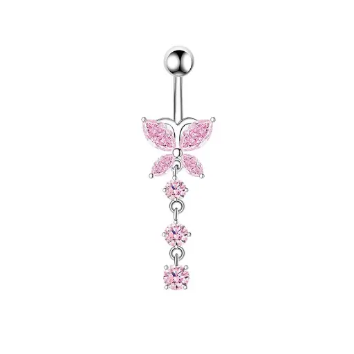 [bel32] Pink Butterfly Stainless Steel Geometric Piercing Navel Ring With Cubic Zirconia stones
