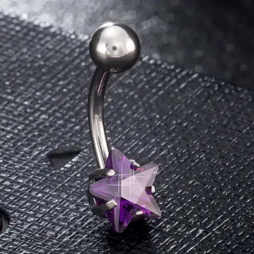 [bel34] Brass Cubic Zirciona Navel Ring, Belly Rings, with 304 Stainless Steel Bar, Lead Free & Cadmium Free, Star, Purple