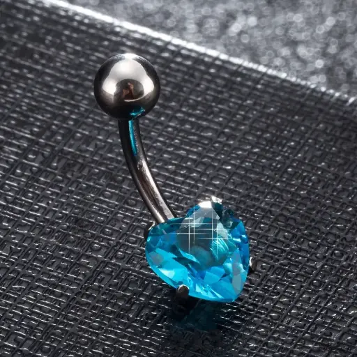 [bel36]  Brass Cubic Zirconia Navel Ring, Belly Rings, with 304 Stainless Steel Bar, Lead Free & Cadmium Free, Heart, Platinum, Deep Sky Blue