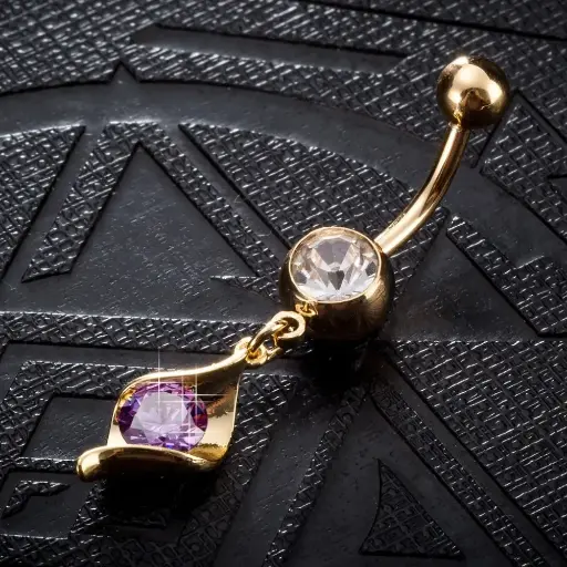 [bel37] Brass Cubic Zirconia Navel Ring, Belly Rings, with 304 Stainless Steel Bar, Cadmium Free & Lead Free, Real 18K Gold Plated, Lilac