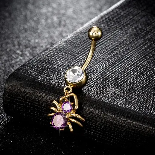[bel38]  Brass Cubic Zirconia Navel Ring, Belly Rings, with Surgical Stainless Steel bar, Cadmium Free & Lead Free, Real 18K Gold Plated, Spider, Purple