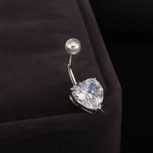 [bel39] Platinum Plated Body Jewelry Heart Cubic Zirconia Brass Navel Ring Navel Ring Belly Rings, with 304 Stainless Steel Bar, Clear
