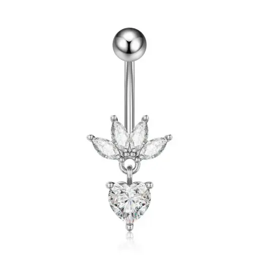 [bel44] Stainless Steel Belly Ring - clear cubic zirconia flower heart