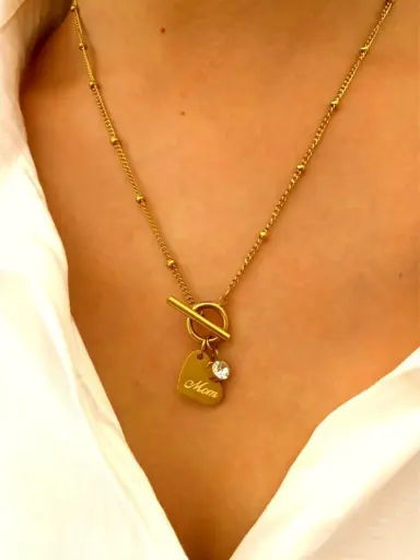 [neck129] Gold Stainless Steel Heart Letter Cubic Zirconia Necklace