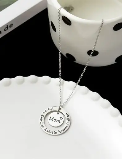 [neck131] Silver Titanium Steel Alphabet Mom Round Necklace 