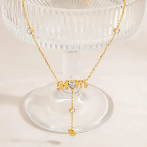 [neck132] Gold Stainless Steel Cubic Zirconia Heart Letter Y-shaped Necklace