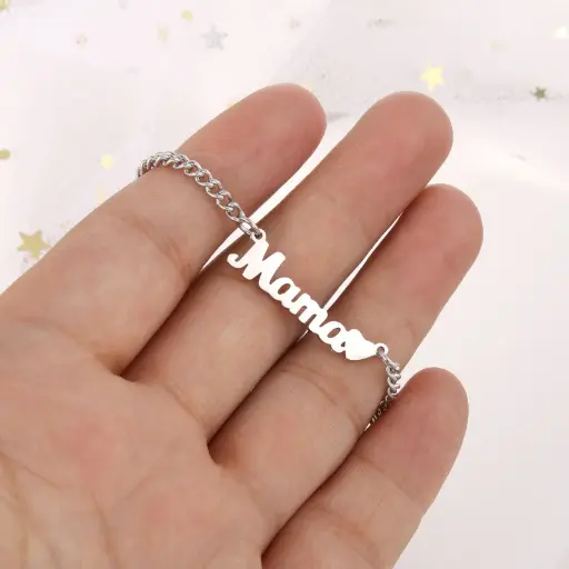 [neck133]  Silver Titanium Steel Heart Mama Necklace