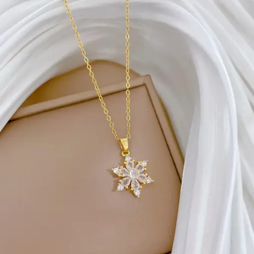 [neck135] Gold Titanium Steel Cubic Zirconia Snowflake Necklace