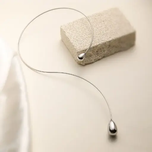 [neck136] Silver Stainless Steel Teardrop Collar Necklace