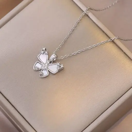 [neck137] Silver Titanium Steel Cubic Zirconia Butterfly Necklace