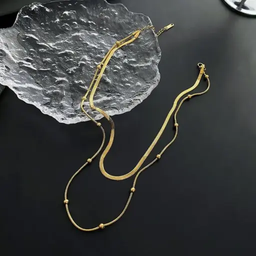[neck142] Gold Titanium Steel Snake Bone Chain Double Layer Necklace