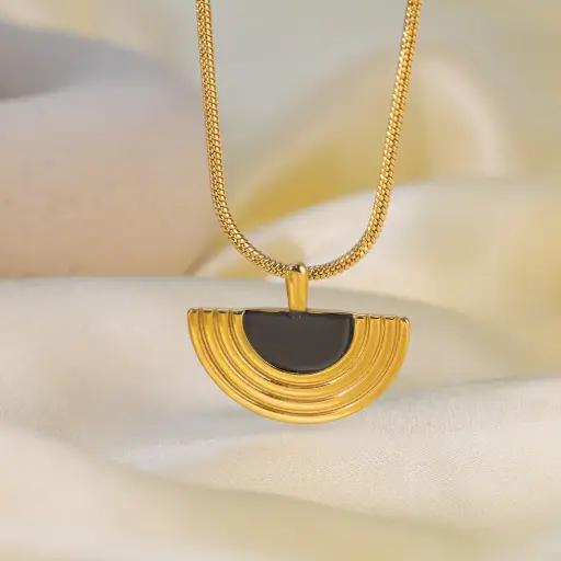 [neck144] Black Glaze Fan Shape Necklace Gold Stainless Steel Fan Necklace 