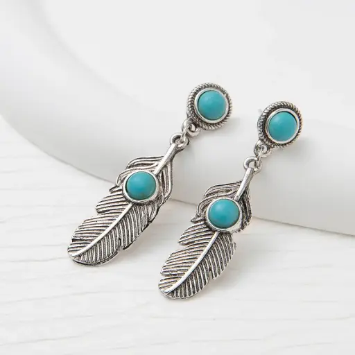 [ear26] Feather Stainless Steel Feather Turquoise Earrings