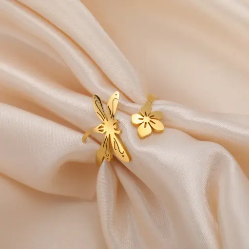 [ring151] Gold Stainless Steel Dragonfly Flower Open Ring