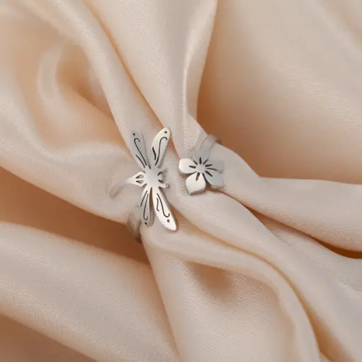 [ring152] Stainless Steel Dragonfly Flower Open Ring