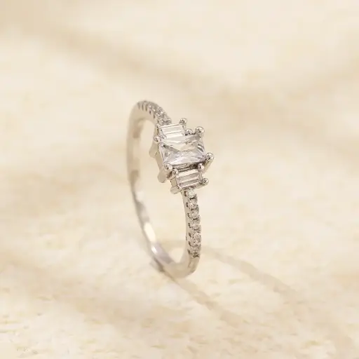 [ring155] Sterling Silver Ring with Square Cubic Zirconia - #7