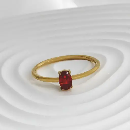 [ring158] Oval/pomegranate Red cubic zirconia Gold Titanium Steel ring - #7