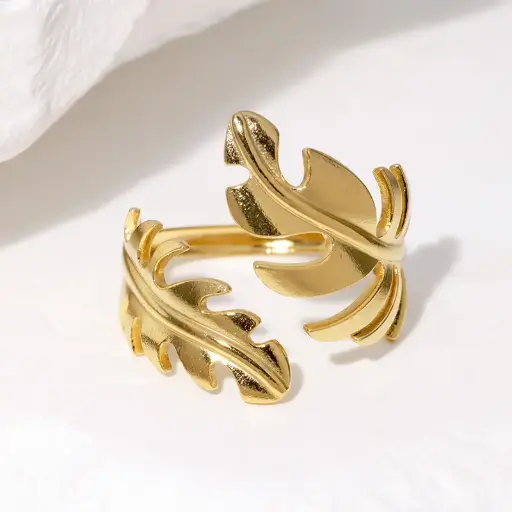 [ring172] Gold Stainless Steel Leaf Open Ring
