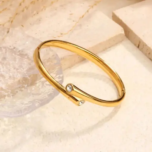[brace30] Gold Titanium Steel Round Bracelet With cubic zirconia stones