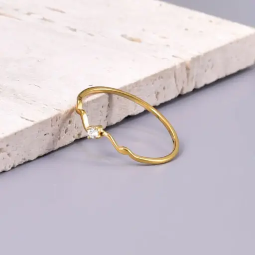 [ring174] Gold Titanium Steel Round Ring With Cubic Zirconia Stone - #6