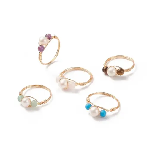 [ring177] Gemstone & Natural Pearl Braided Finger Ring, Light Gold Plated Copper Wire Wrapped Jewelry 