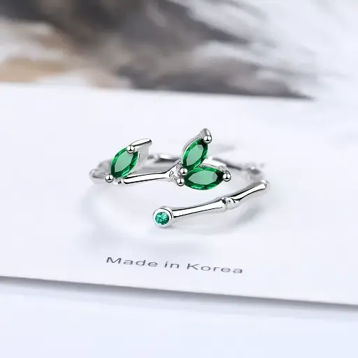 [ring179] 925 Sterling Silver Twig Green Leaf Open Ring