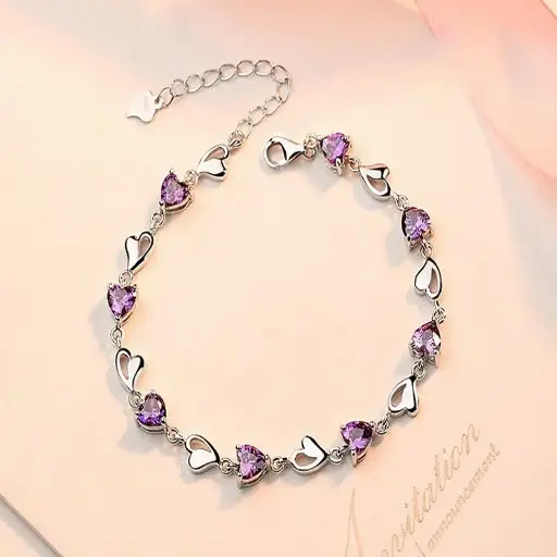[brace34] 925 Sterling Silver Bracelet Purple Heart Cubic Zirconia Stones
