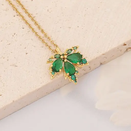 [neck185] Stainless Steel 18K Gold Plated Leaf Zircon Pendant Necklace