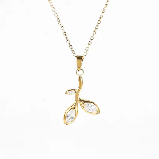 [neck189] Gold Stainless Steel necklace with Leaf Pendant and cubic zirconia stones