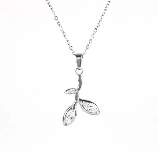 [neck190] Stainless Steel necklace with Leaf Pendant and cubic zirconia stones