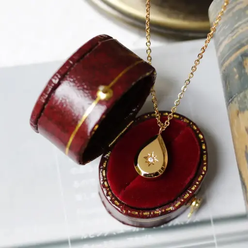 [neck191] Water Droplets Titanium Steel Plating Zircon Pendant Necklace