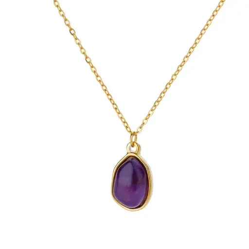 [neck205] Gold Stainless Steel Necklace with Amethyst Pendant