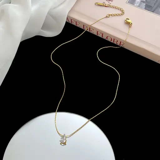[neck209]  Stainless Steel 18K Gold Plated Necklace with Cubic Zirconia