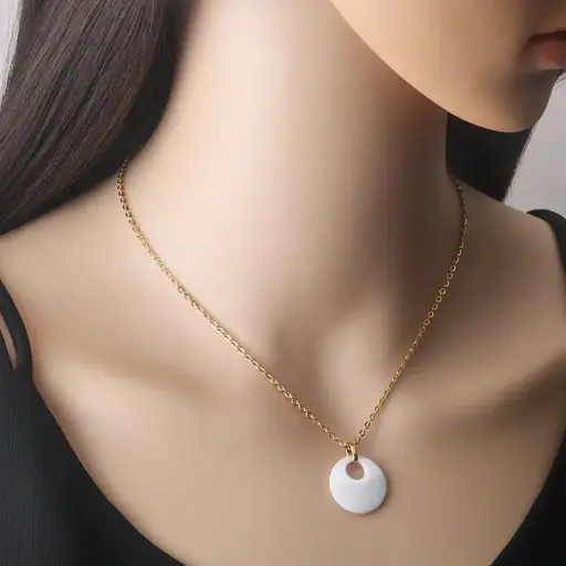 [neck211]  Stainless Steel Necklace Golden with White Zirconia Pendant