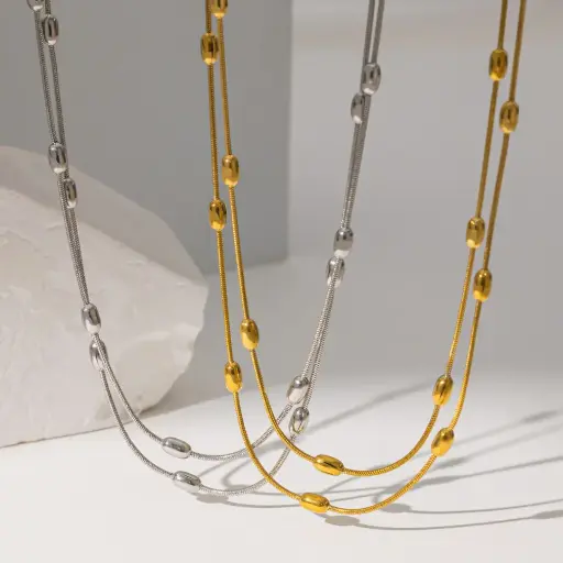 [neck213]  Stainless Steel Necklace Golden Snake chain with beads