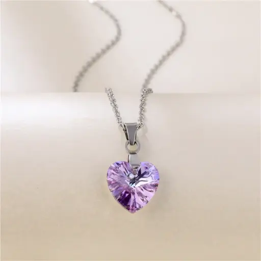 [neck215]  Stainless Steel Necklace with purple heart rhinestone