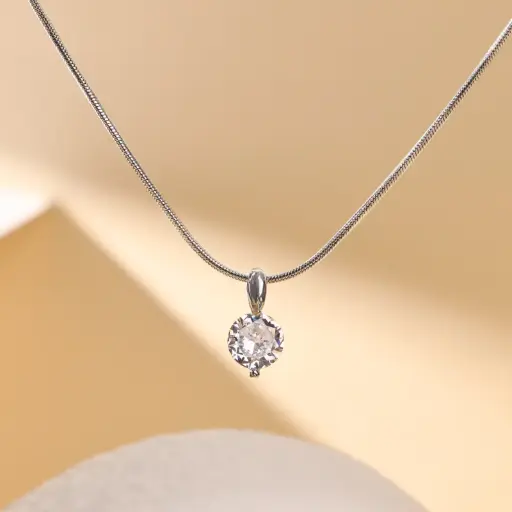 [neck217] Stainless Steel Necklace with round cubic zirconia stone pendant 