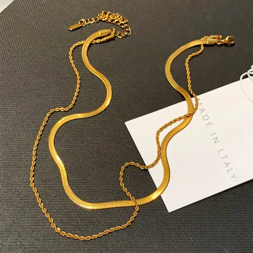 [neck218] 304 Stainless Steel Gold Double Layer Necklaces Snake Chain and Rope Chain
