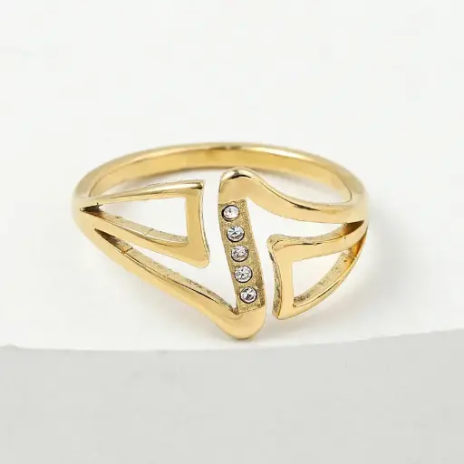 [ring185] Geometric 201 Stainless Steel Cubic Zirconia Inlay Ring - #6