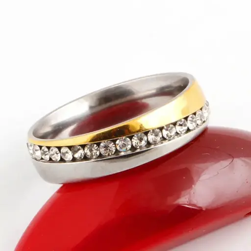 [ring186] Geometric Titanium Steel ring silver and gold Cubic Zirconia Inlay Ring - #7