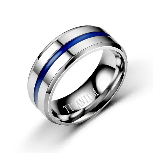 [ring195] Titanium Steel Ring with Blue centre stripe - #10