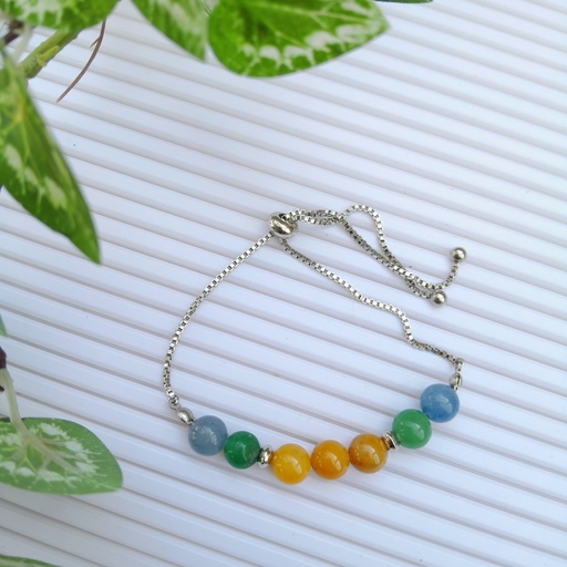 [gsb76] Stainless steel slider bracelet with green aventurine and aquamarine beads