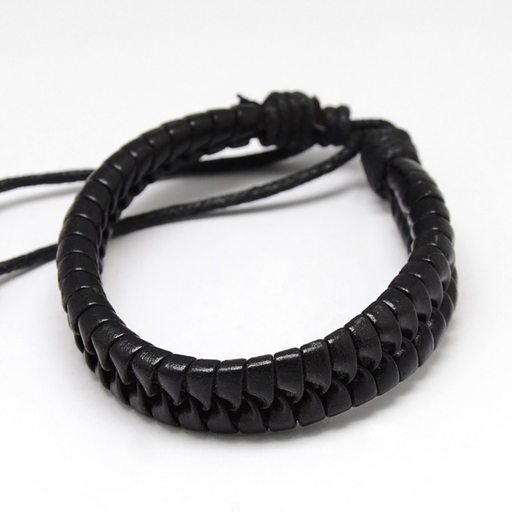 [brace10] Casual Style Imitation Leather Bracelet, with Waxed Cord, Black