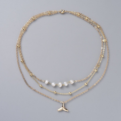 [neck09] 3 Layered Necklaces, with Natural Pearl, Brass Chains and Pendants, Whale Tail Charm
