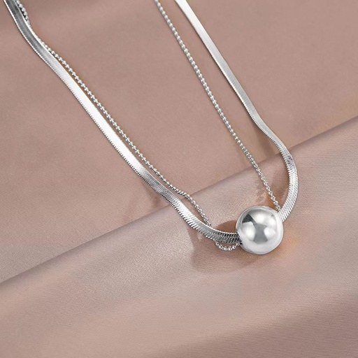 [neck33] Silver Titanium Steel Ball Snake Bone Double Layer Necklace