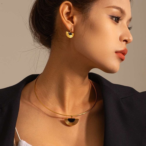 [ASUG11280] Gold & Black Titanium Steel Geometric Fan Necklace