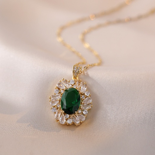 [ASUG12565] Gold Titanium Steel Oval Necklace With Green Cubic Zirconia Stone